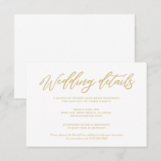 Gold Script Wedding Details Hotel Unterkünfte Begleitkarte (Vorne/Hinten)