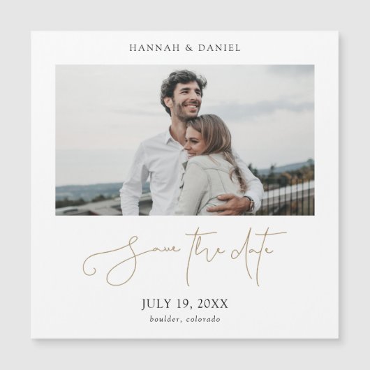 Gold Script Wedding Foto Speichern Sie das Date Ma Magnetkarte (Vorderseite)