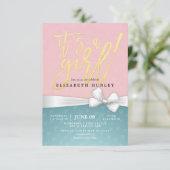 Gold Script White Ribbon Blue Pink Baby Dusche Einladung (Stehend Vorderseite)