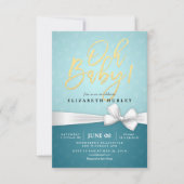 Gold Script White Ribbon Turquoise Baby Dusche Einladung (Vorderseite)