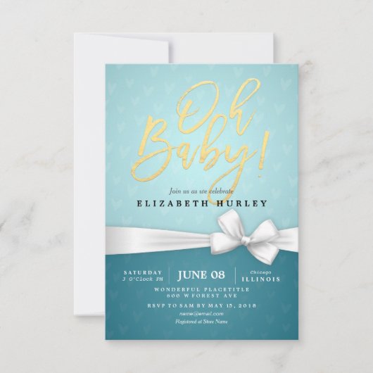 Gold Script White Ribbon Turquoise Baby Dusche Einladung (Vorderseite)