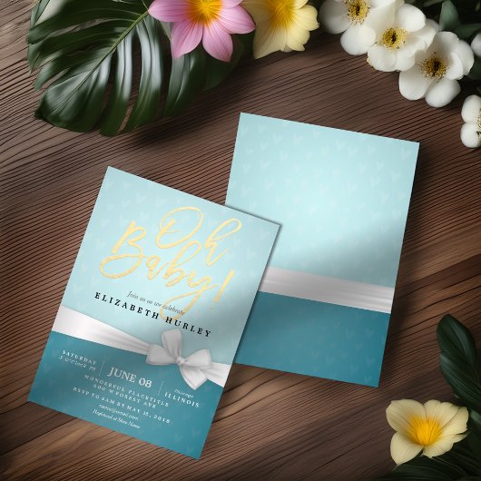Gold Script White Ribbon Turquoise Baby Dusche Einladung
