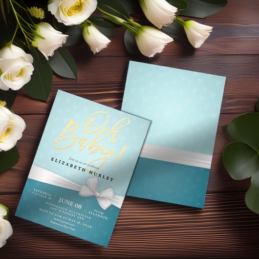 Gold Script White Ribbon Turquoise Baby Dusche Einladung