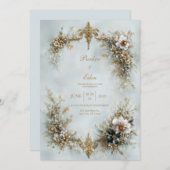 Gold Scroll Frame White Floral Dusty Blue Wedding Einladung (Vorne/Hinten)