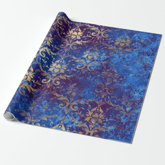Gold Scroll Work Blume auf Blue Geschenkpapier (Ungerollt)