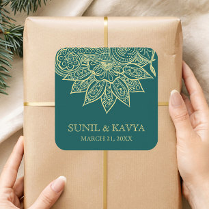 Gold Sea Green Mehendi Henna Indische Hochzeitsges Quadratischer Aufkleber