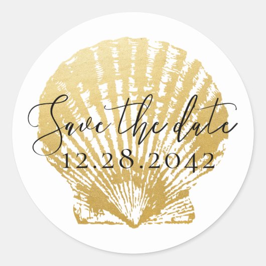 Gold Seashell Beach Wedding Save the Date Runder Aufkleber (Vorderseite)