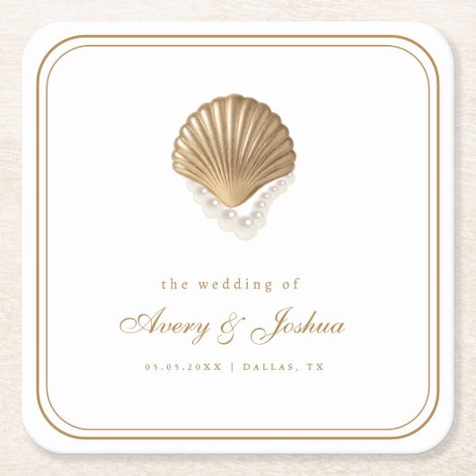 Gold Seashell Coastal Wedding Drink Rechteckiger Pappuntersetzer (Vorderseite)