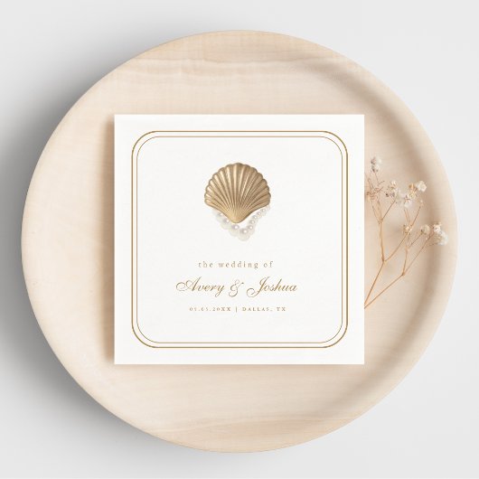 Gold Seashell Coastal Wedding Drink Serviette