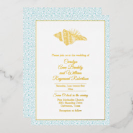 Gold Seashell mit Aqua Frame Wedding Folieneinladung