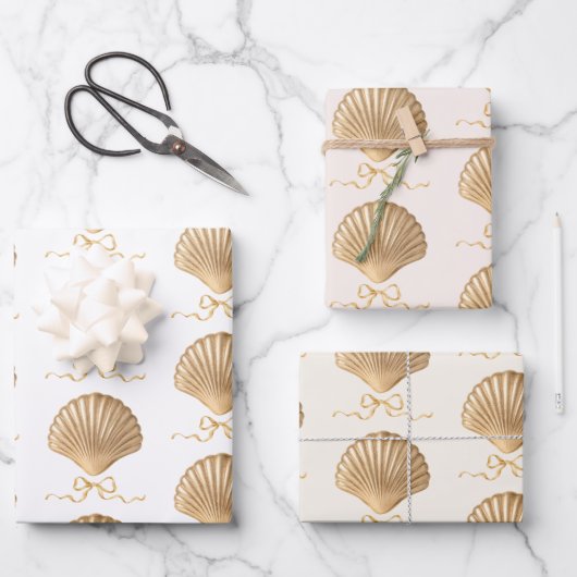 Gold Seashell mit Coquette Bow Weihnachtsgeschenk Geschenkpapier Set (Vorderseite)