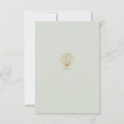 Gold Seashell Mute Sage Wedding Save the Date (Rückseite)