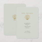 Gold Seashell Mute Sage Wedding Save the Date (Vorne/Hinten)