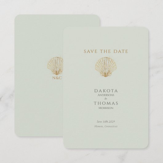 Gold Seashell Mute Sage Wedding Save the Date (Vorne/Hinten)