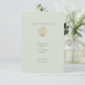 Gold Seashell Mute Sage Wedding Save the Date (Stehend Vorderseite)