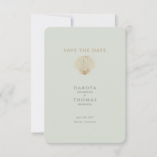 Gold Seashell Mute Sage Wedding Save the Date (Vorderseite)