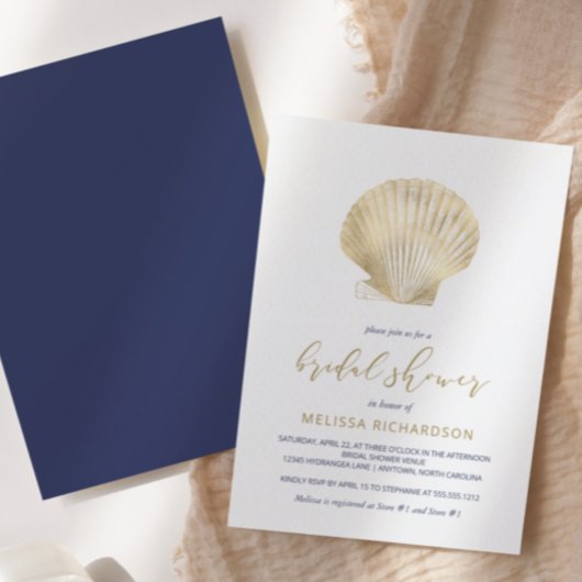Gold Seashell Navy Blue Beach Brautparty Einladung