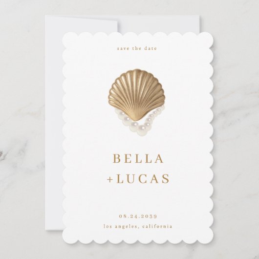 Gold Seashell & Pearls QR Code Coastal Wedding Save The Date (Vorderseite)