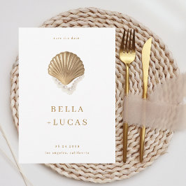 Gold Seashell & Pearls QR Code Coastal Wedding Save The Date