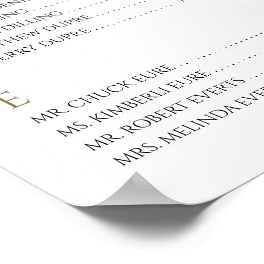 Gold Seating Chart mit Bride & Groom Initialen Poster (Ecke)