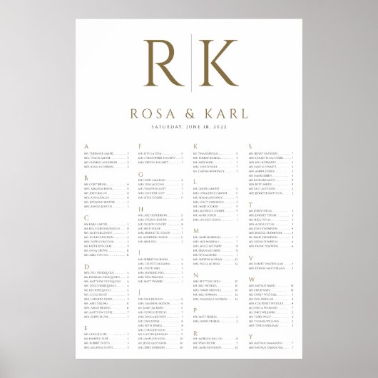 Gold Seating Chart mit Bride & Groom Initialen Poster (Vorne)