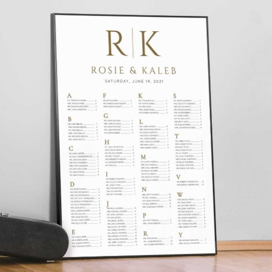 Gold Seating Chart mit Bride & Groom Initialen Poster