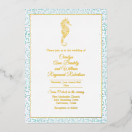 Gold Seepferd mit Aqua Frame Wedding Folieneinladung