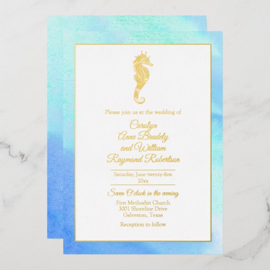 Gold Seepferd mit Aquarellrahmen Folieneinladung (Vorderseite/Rückseite)