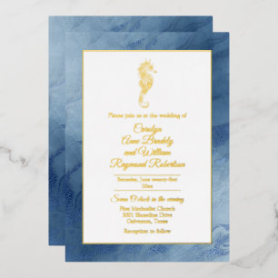 Gold Seepferd mit Blue Frame Wedding Folieneinladung