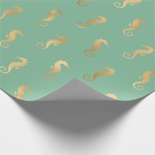 Gold-Seepferde auf Türkis/Aquamarine Geschenkpapier (Ecke)