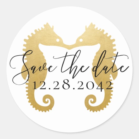 Gold Seepferde Kissing Beach Hochzeit Save the Dat Runder Aufkleber (Vorderseite)
