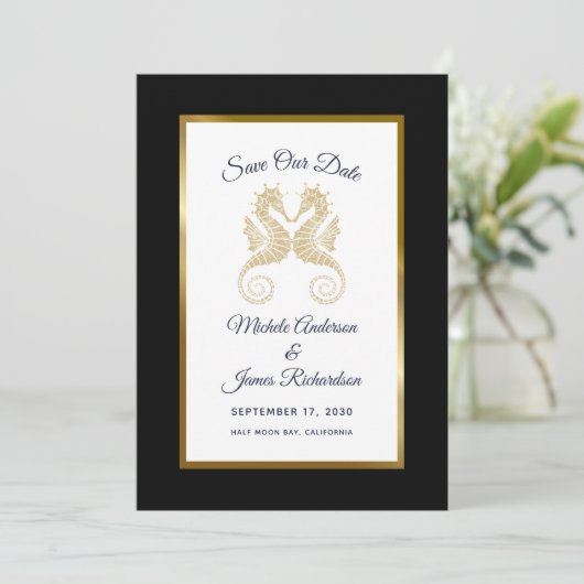 Gold Seepferde Tropische Hochzeit Sichern Sie das  Save The Date (Stehend Vorderseite)
