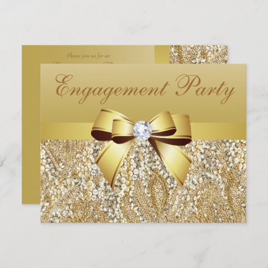Gold Sequenzen, Bow & Diamond Engagement Party Einladung (Vorne/Hinten)