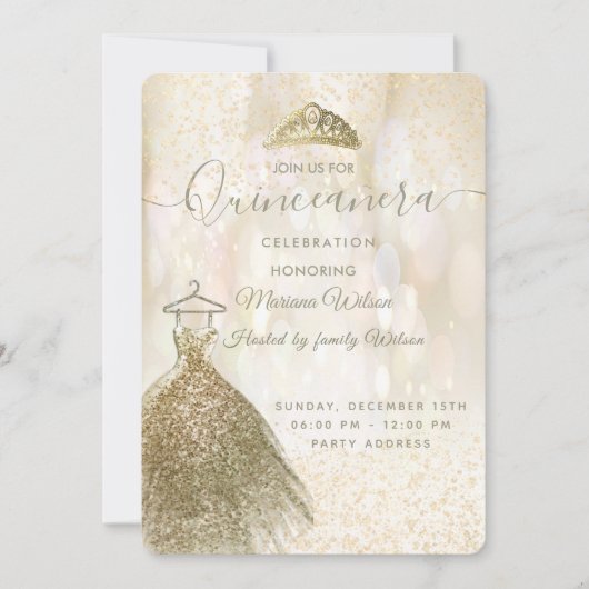 Gold Sequenzen Kleid bokeh tiara Quinceañera Einladung (Vorderseite)