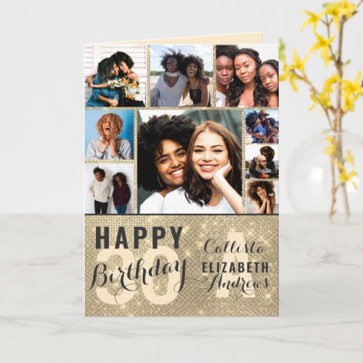 Gold Sequin Foto Collage Happy Birthday Card Karte (Gelbe Blume)