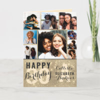 Gold Sequin Foto Collage Happy Birthday Card