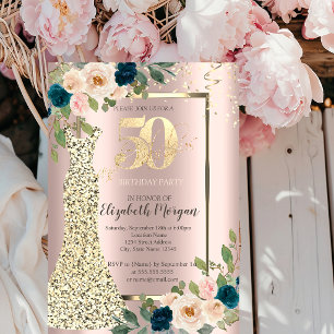 Gold-Sequin-Kleid,blaue Rose Gold 50. Geburtstag Einladung