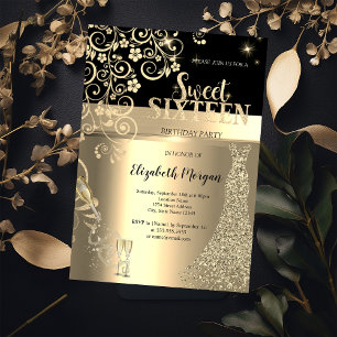 Gold-Sequin-Kleid Glas Blumen Sweet 16 Geburtstag Einladung