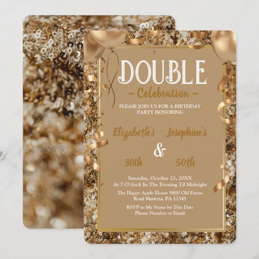 Gold Sequins Adult Double Joint Birthday Party Einladung (Vorne/Hinten)