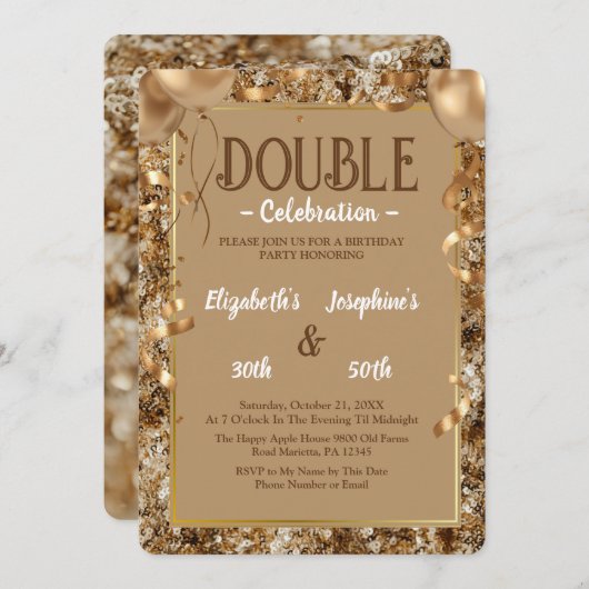 Gold Sequins Adult double Joint Birthday Party Einladung (Vorne/Hinten)