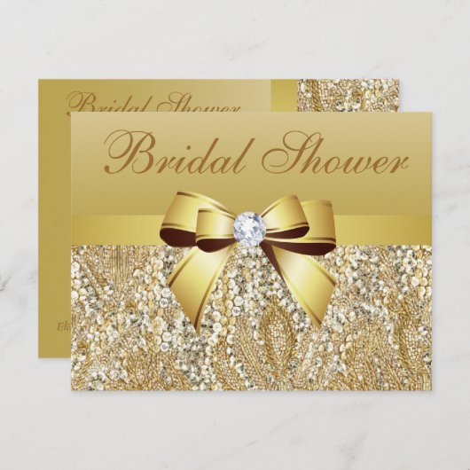Gold Sequins, Bow & Diamond Brautparty Einladung (Vorne/Hinten)