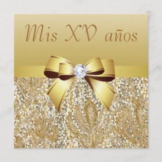 Gold Sequins, Bow & Diamond Quinceanera Einladung