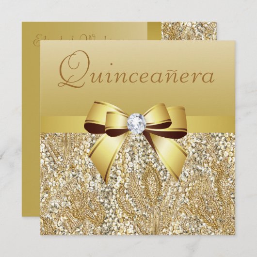 Gold Sequins, Bow & Diamond Quinceanera Einladung (Vorne/Hinten)