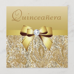 Gold Sequins, Bow & Diamond Quinceanera Einladung