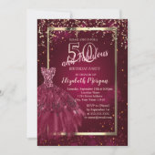 Gold Sequins Burgundy Glitzer Dress 50. Geburtstag Einladung (Vorderseite)