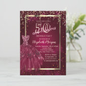 Gold Sequins Burgundy Glitzer Dress 50. Geburtstag Einladung (Stehend Vorderseite)