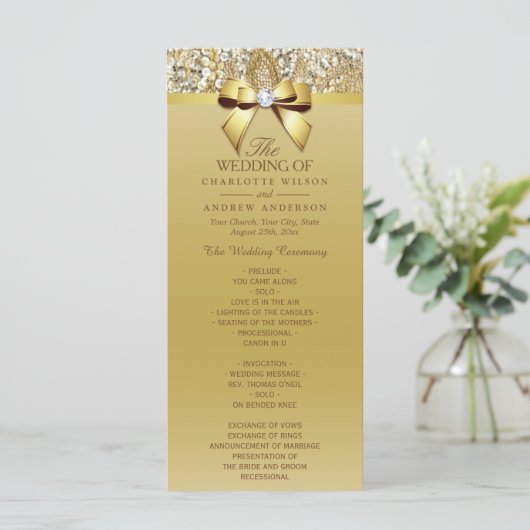 Gold Sequins Diamond Bow Wedding Program Programm (Stehend Vorderseite)