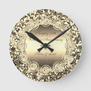 Gold Sequins Diamonds 50th Wedding Anniversary Runde Wanduhr