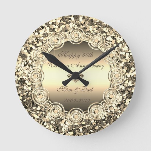 Gold Sequins Diamonds 50th Wedding Anniversary Runde Wanduhr (Vorderseite)