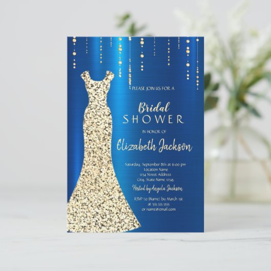 Gold Sequins Dress, Blue Metallic Brautparty Einladung (Stehend Vorderseite)